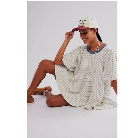 Free People Cream Striped Mini Dress with Blue Trim - Picture 3 of 10